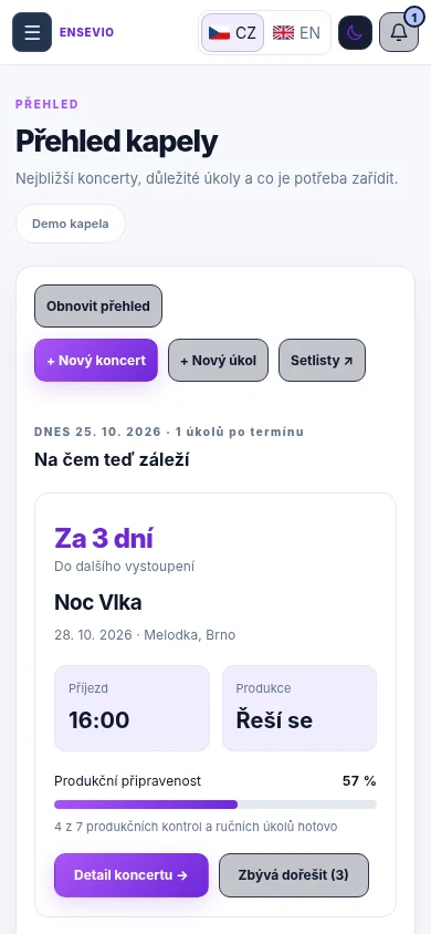 Mobilní zobrazení ENSEVIO, stránka přehledu kapely
