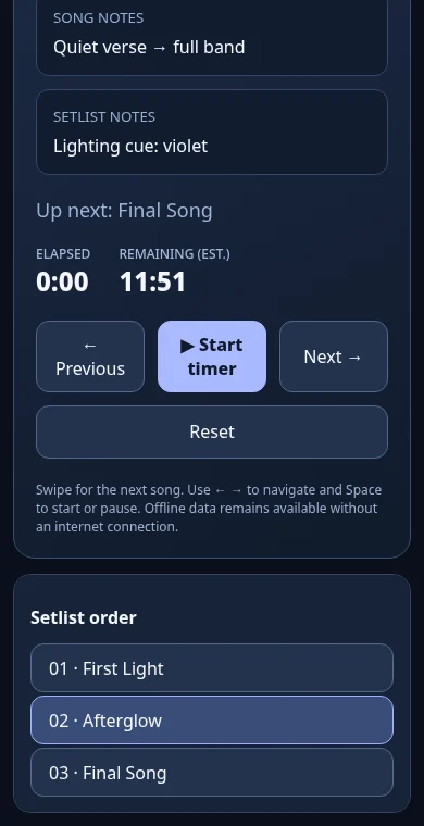 Stage Mode preview on a phone, showing the current song